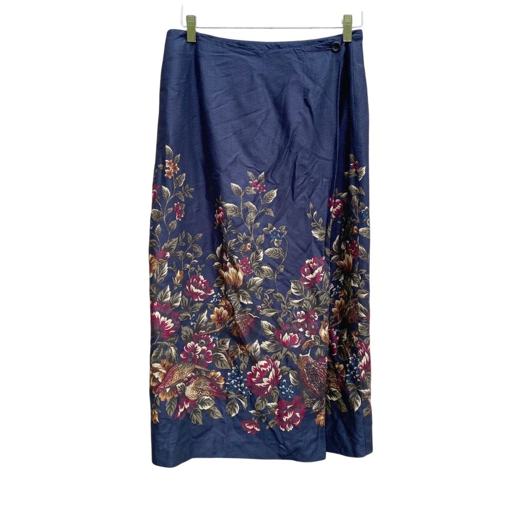 Vintage Floral Pheasant Wrap Midi Skirt 12 Blue Heritage Bird Polo Dark Academia
